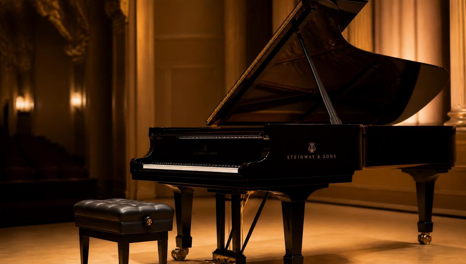 Grand piano lit on a concert stage
